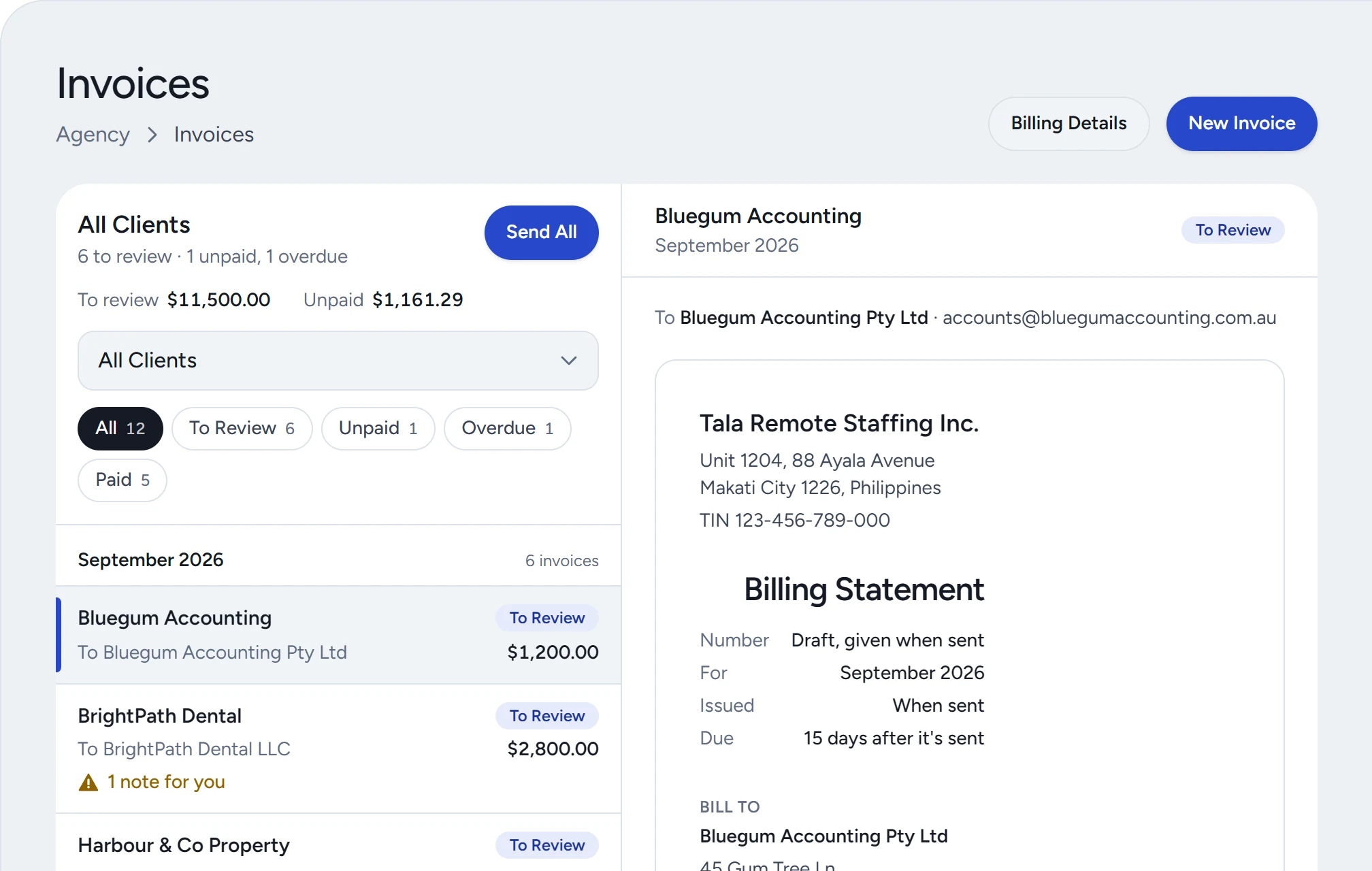 The list of monthly invoices with their status.